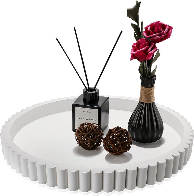 KULEDM Handmade 12in Decorative Tray for Coffee Table Tray Decor, White Wooden Decorative Round Tray for for Coffee Table, Dining Room Table Entryway and Living Room Table - Image 1